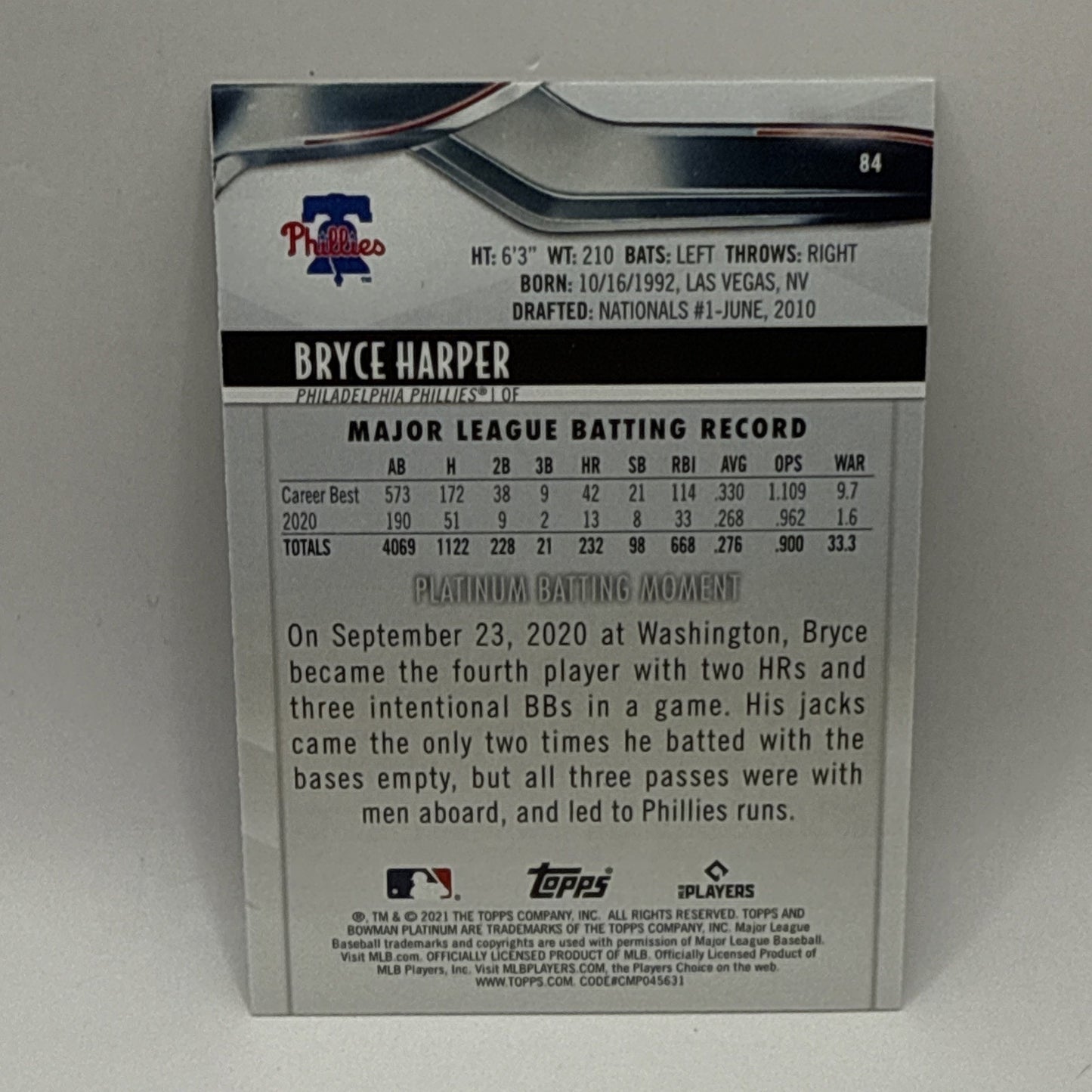 2021 BOWMAN PLATINUM - BRYCE HARPER #84 ICE FOIL MLB Phillies Baseball Card