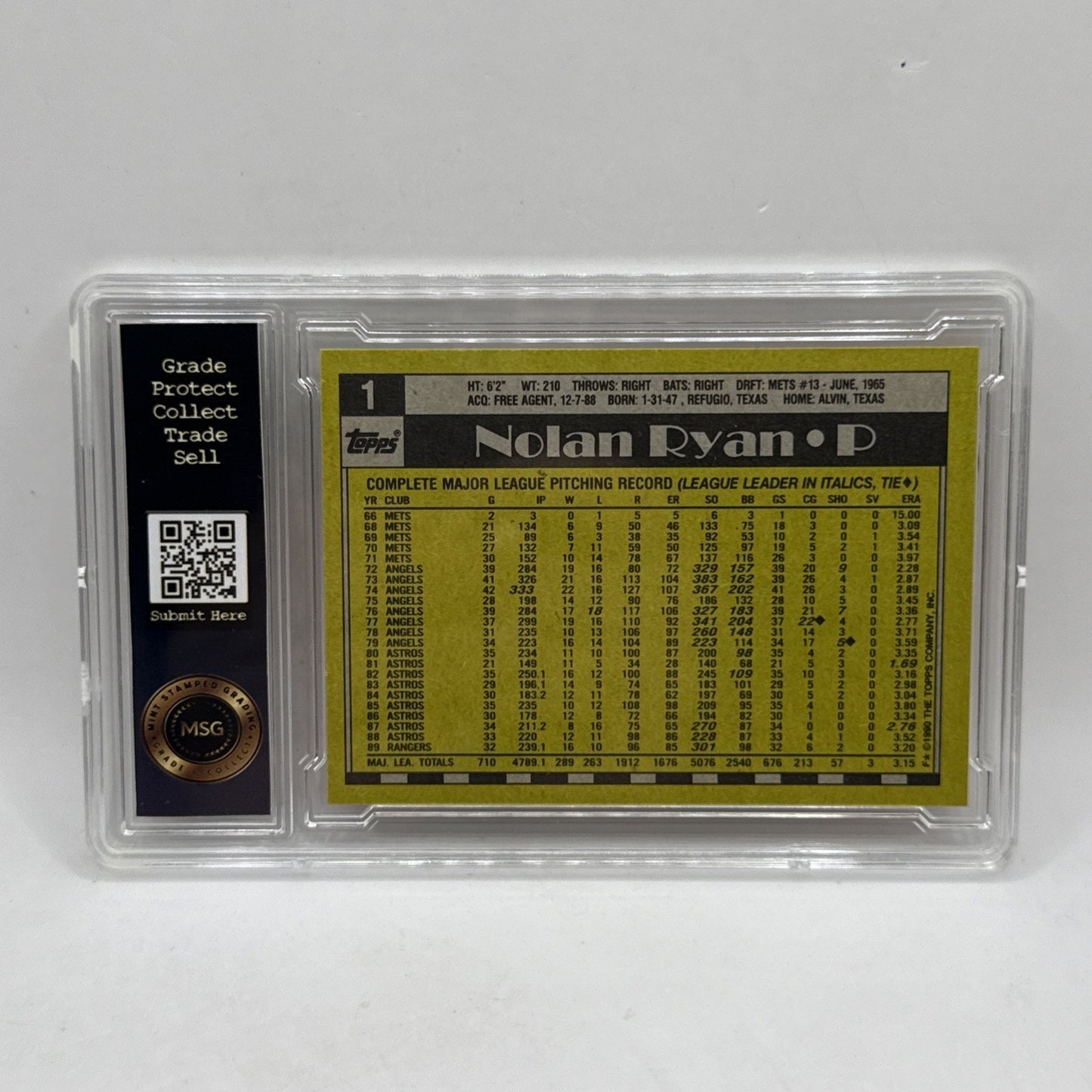 1990 Topps Baseball #1 Nolan Ryan Texas Rangers HOF Graded 7 MLB Card