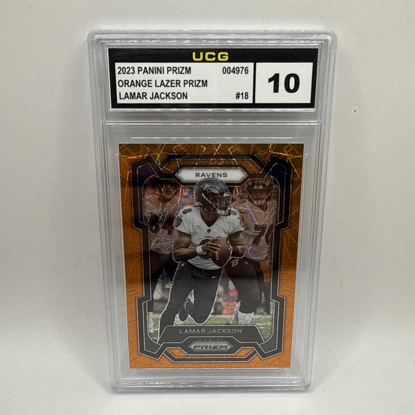 Lamar Jackson 2023 Panini Prizm #18 Orange Lazer Prizm Baltimore Ravens Graded