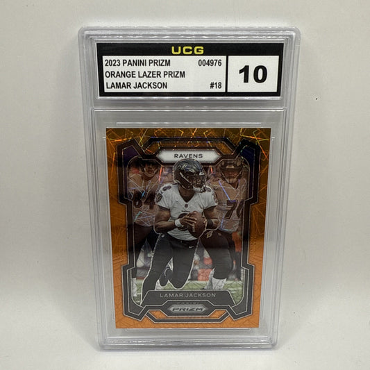Lamar Jackson 2023 Panini Prizm #18 Orange Lazer Prizm Baltimore Ravens Graded