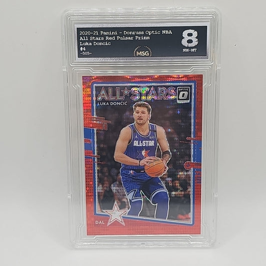 2020-21 LUKA DONCIC DONRUSS OPTIC NBA #4 ALL STARS RED PULSAR LAKERS GRADED 8