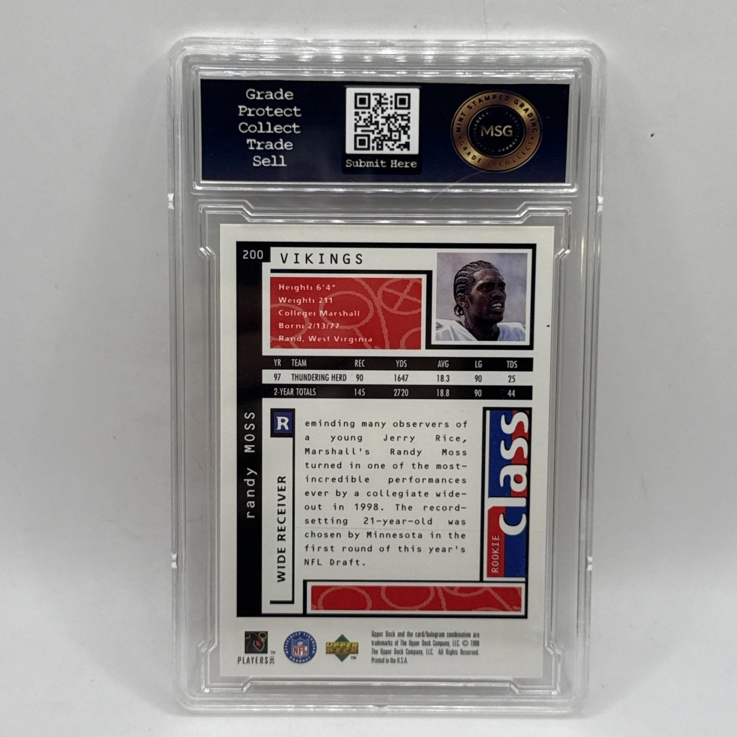 1998 Randy Moss Rookie #200 U.D. Choice Graded 8 Minnesota Vikings Graded 8 NFL