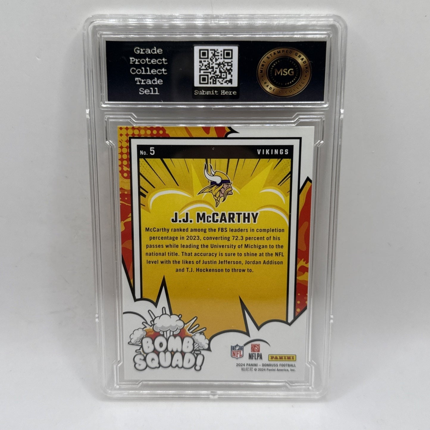 2024 Panini Donruss - Bomb Squad J.J. McCarthy #5 (RC) Graded 9 NFL Vikings
