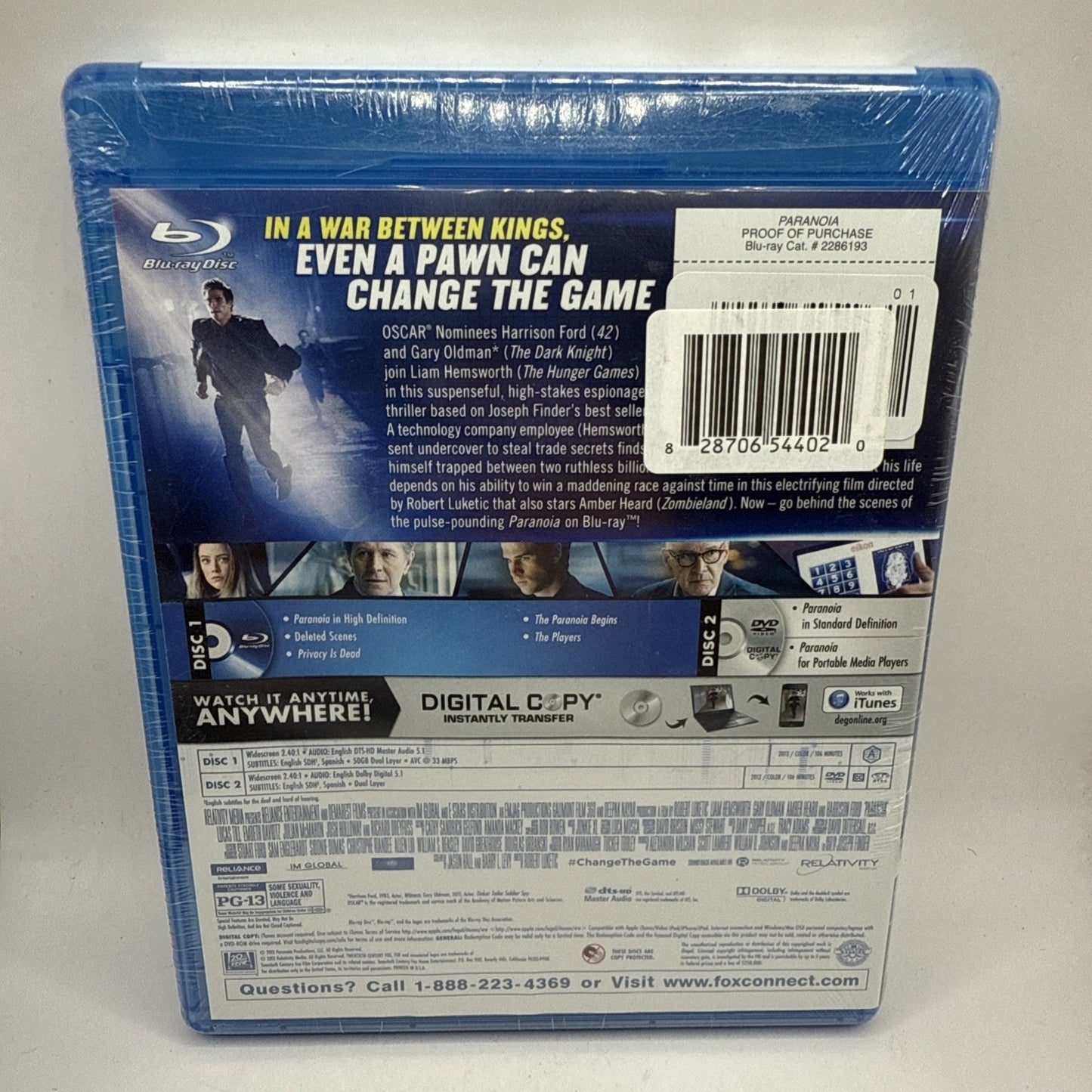 Paranoia (Blu-ray/DVD, 2013) Liam Hemsworth New Factory Sealed Harrison Ford