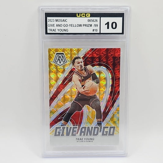 Trae Young 2024 Panini Mosaic Basketball Give And Go Yellow Reactive /99 Graded