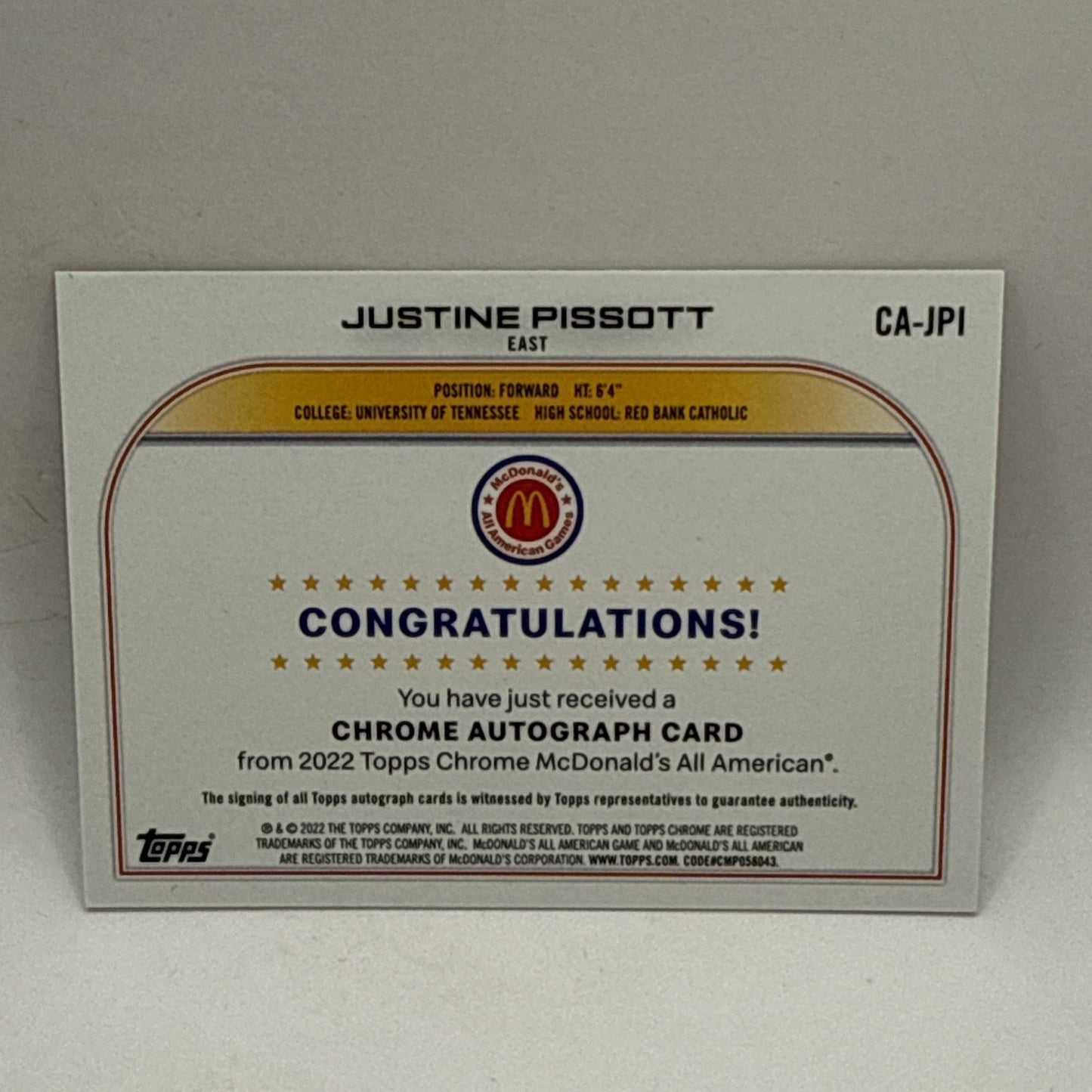 2022 Topps Chrome McDonald's A/A - #CA-JP Justine Pissott REFRACTOR Auto