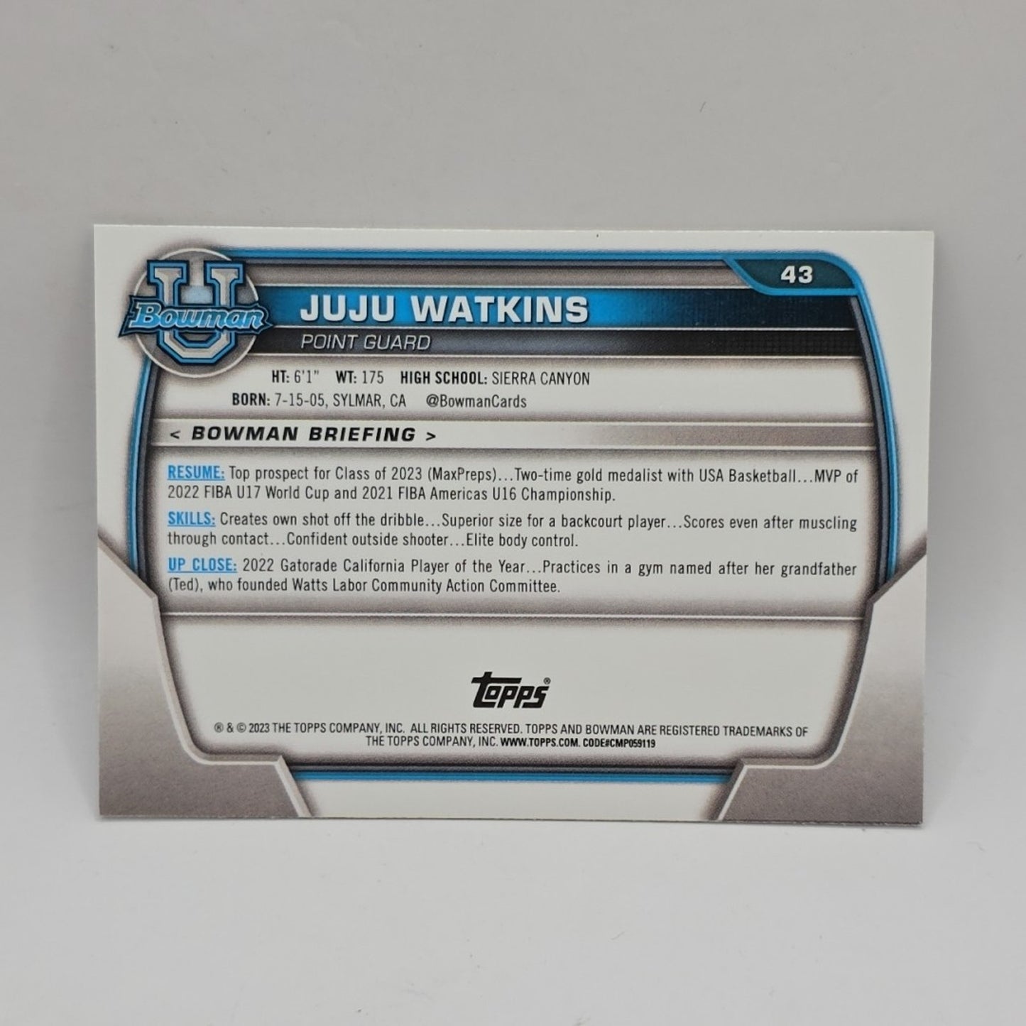 2022 Bowman University Chrome #43 Juju Watkins 1st Bowman Rookie WNBA