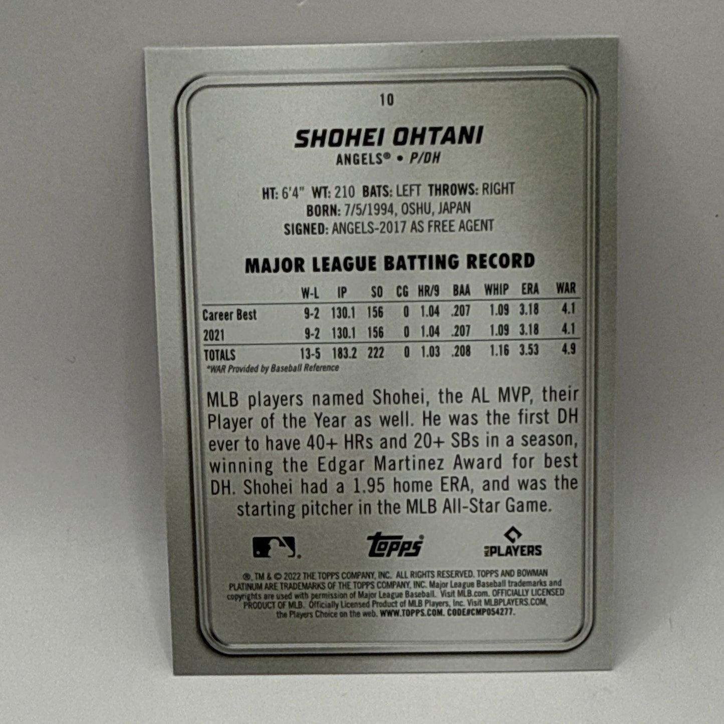 2022 Bowman Platinum #10 Shohei Ohtani Los Angeles LA Angels MLB Card
