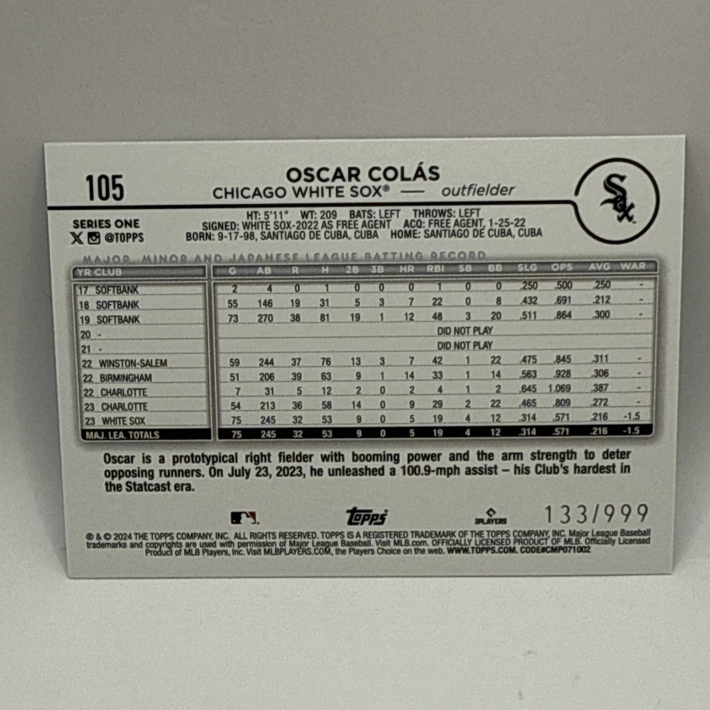 2024 Topps Series 1 Blue Holofoil #105 Oscar Colas /999 Chicago White Sox