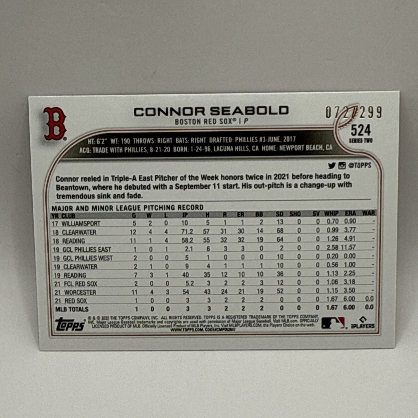2022 Topps Series 2 Connor Seabold RC /299 Orange Foilboard - #524