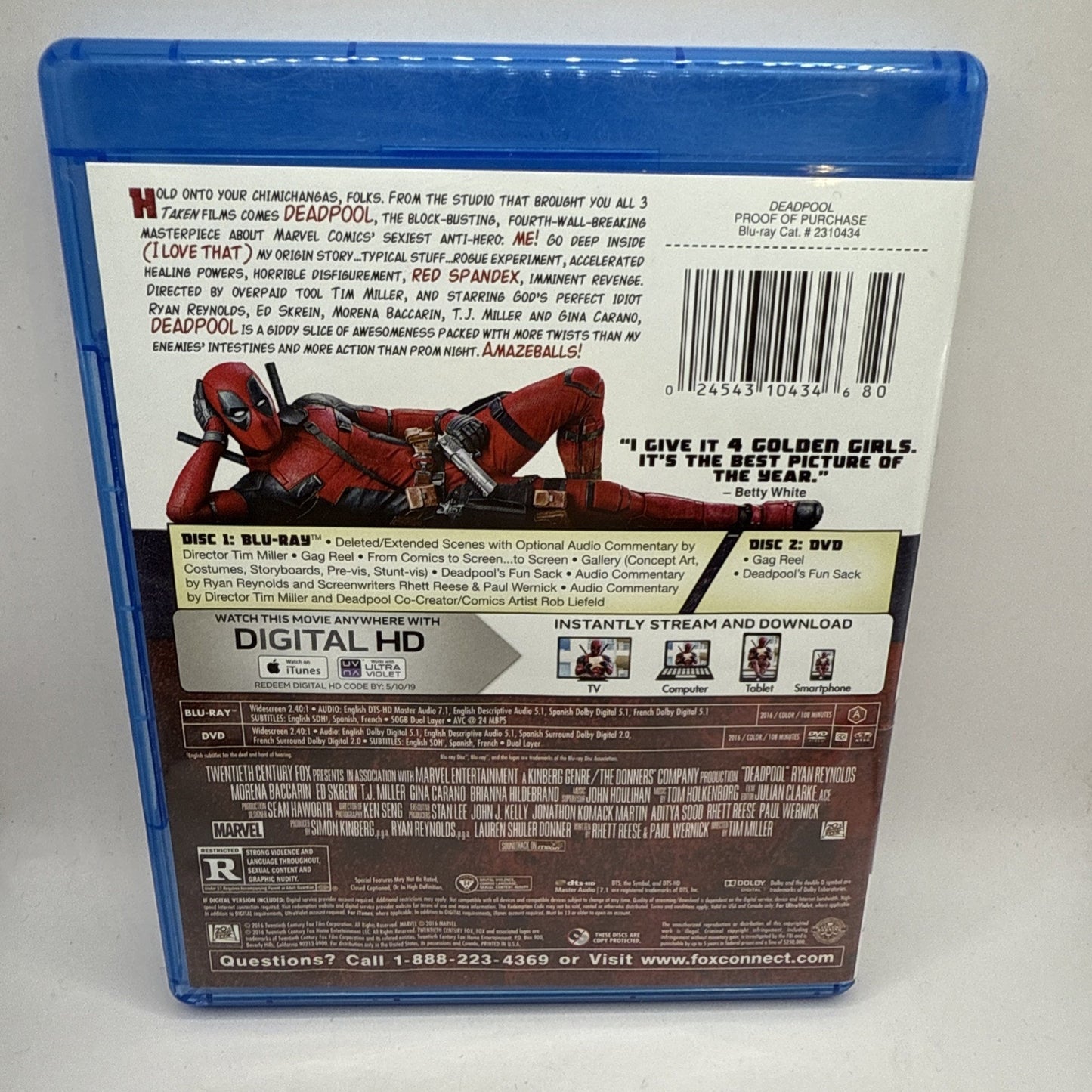 Deadpool (Blu-ray & DVD Combo, 2016) Ryan Reynolds Movie