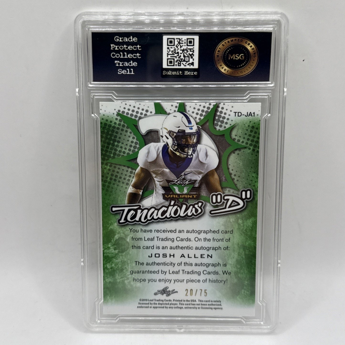 Josh Allen Kentucky Wildcats AUTO Leaf Valiant Tenacious D Green /75 Graded 9