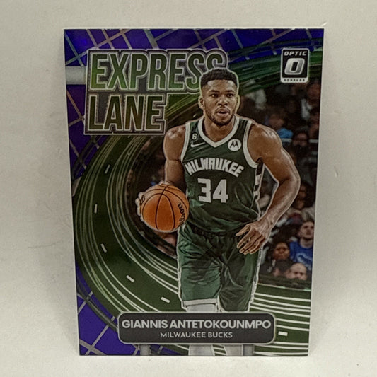 Giannis Antetokounmpo 2022-2023 Donruss Optic Express Lane Purple Prizm NBA Card