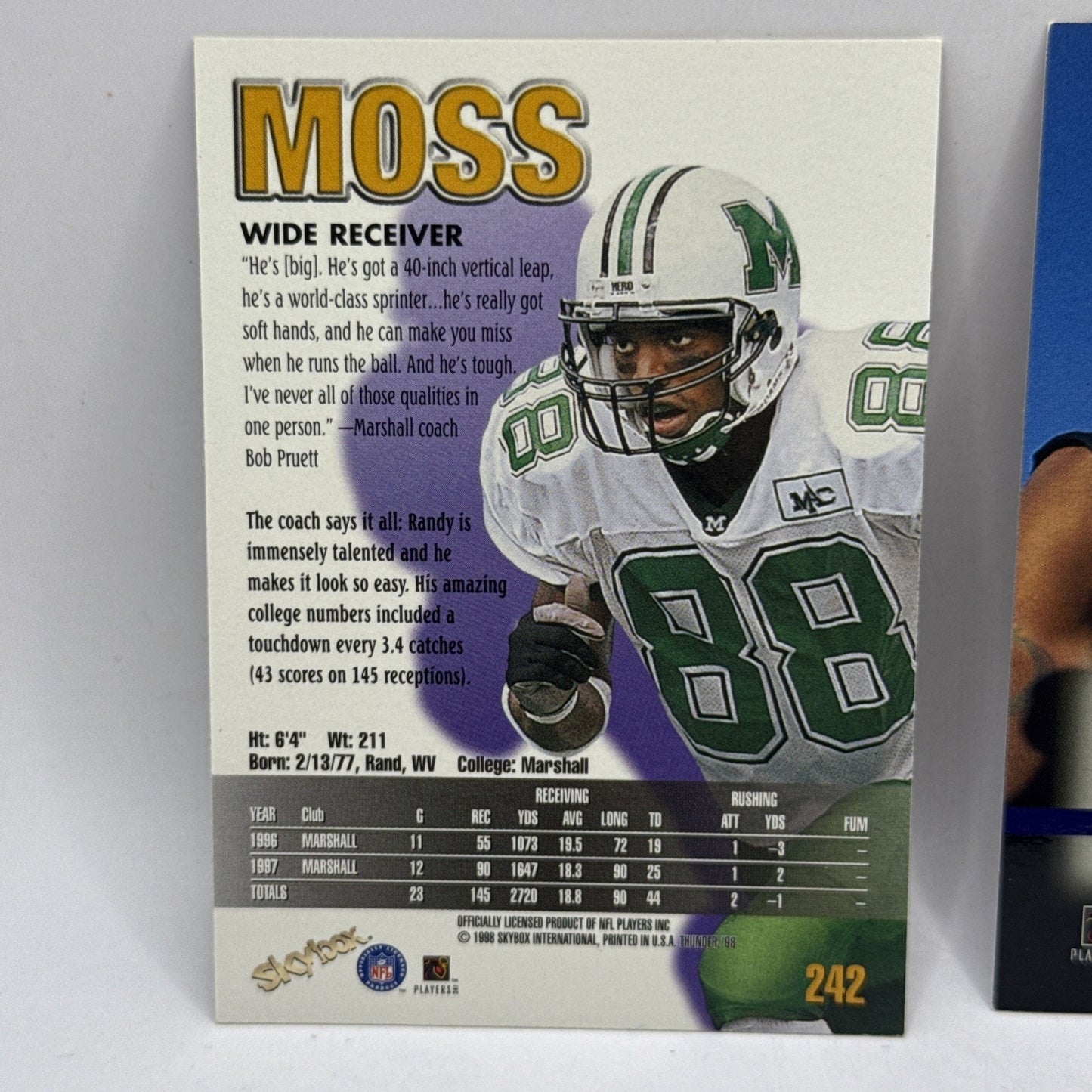 1998 Skybox Thunder Randy Moss Rookie RC #242 Vikings - 2 Vintage NFL Card