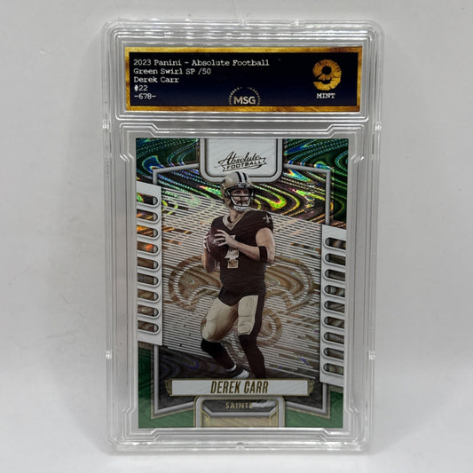 Derek Carr 2023 Panini Absolute #22 Green Swirl /50 Graded 9 NFL Saints