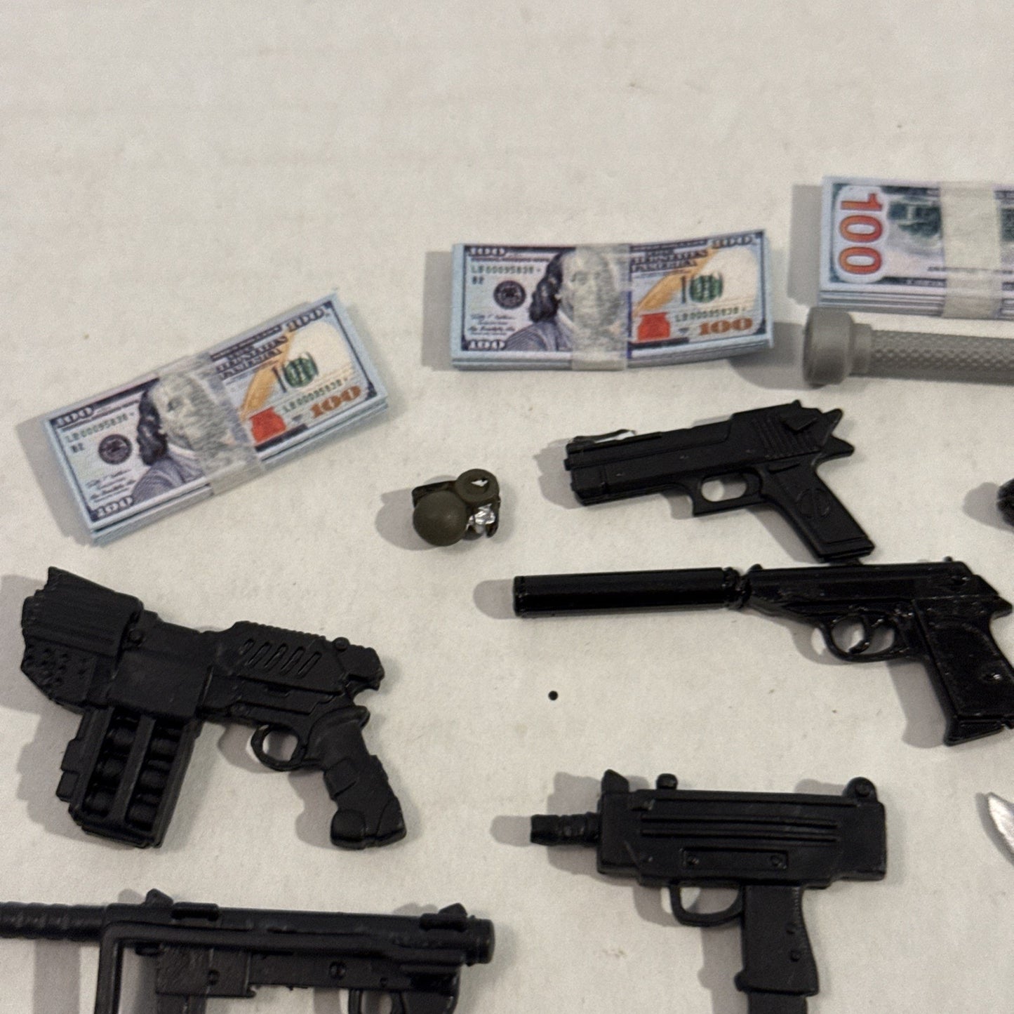 Lot Of Toy Action Figure Weapons, Nun Chucks, Play Money - Play Set Accessories