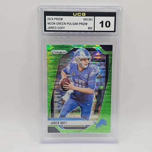 2024 Panini Prizm Jared Goff Neon Green Pulsar #92 NFL Lions Graded 10 Card