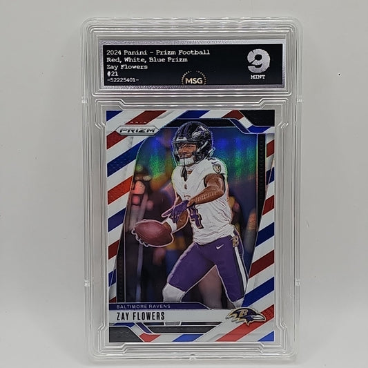 Zay Flowers 2024 Panini Prizm Red White Blue Baltimore Ravens #21 Graded 9 NFL