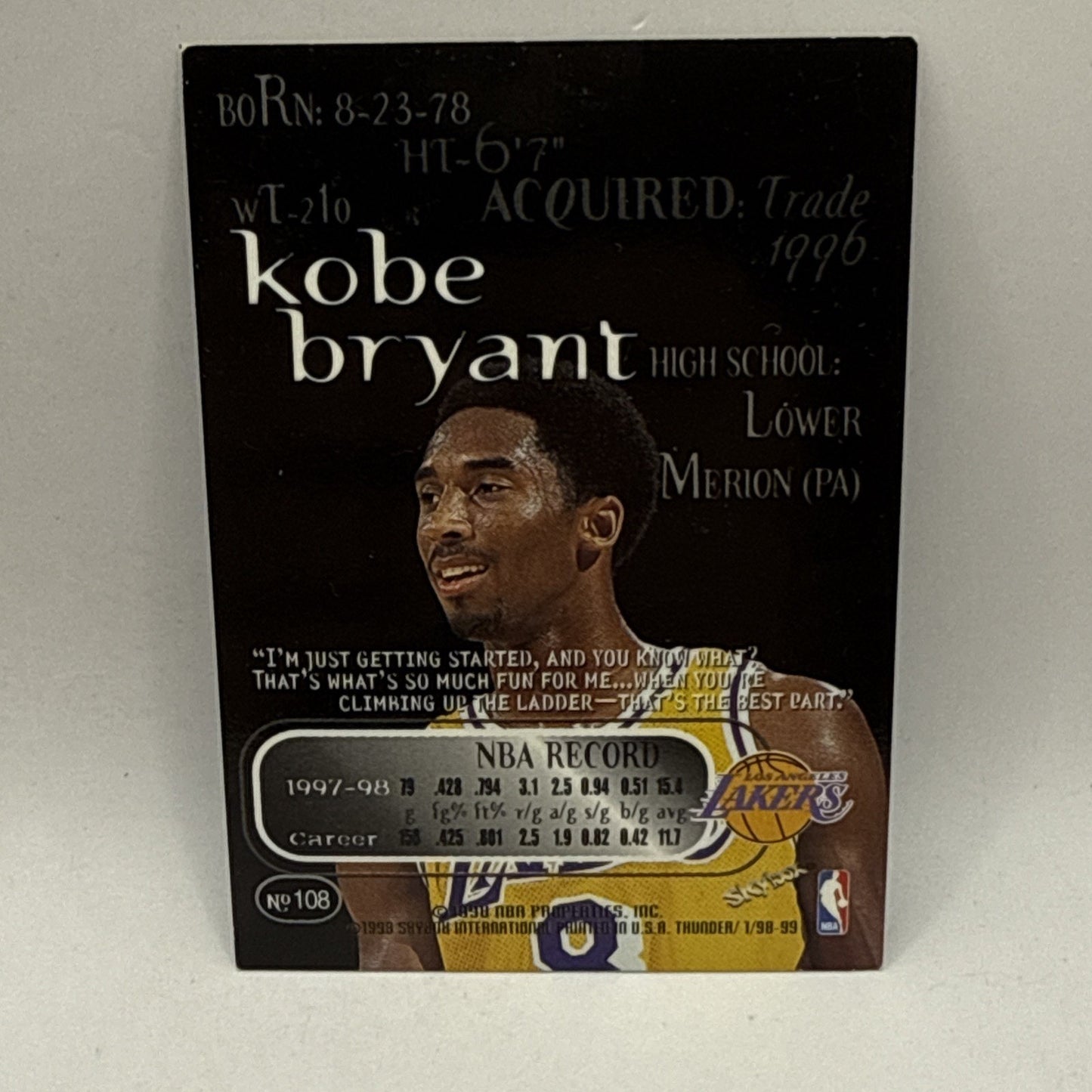 1998 Skybox Thunder #108 Kobe Bryant - Los Angeles Lakers, HOF Champion