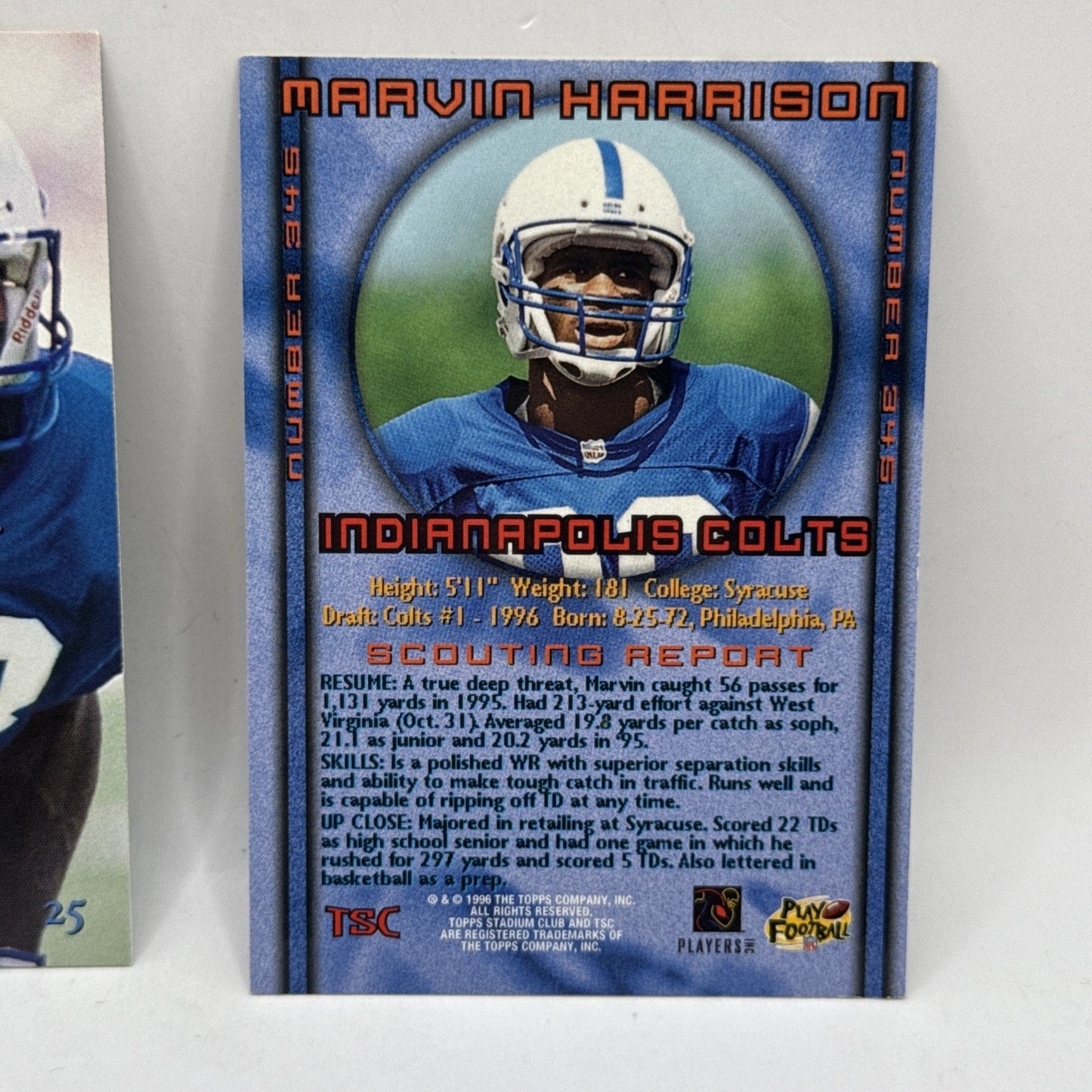 1996 Skybox Impact Rookies #25 Marvin Harrison Indianapolis Colts RC Cards