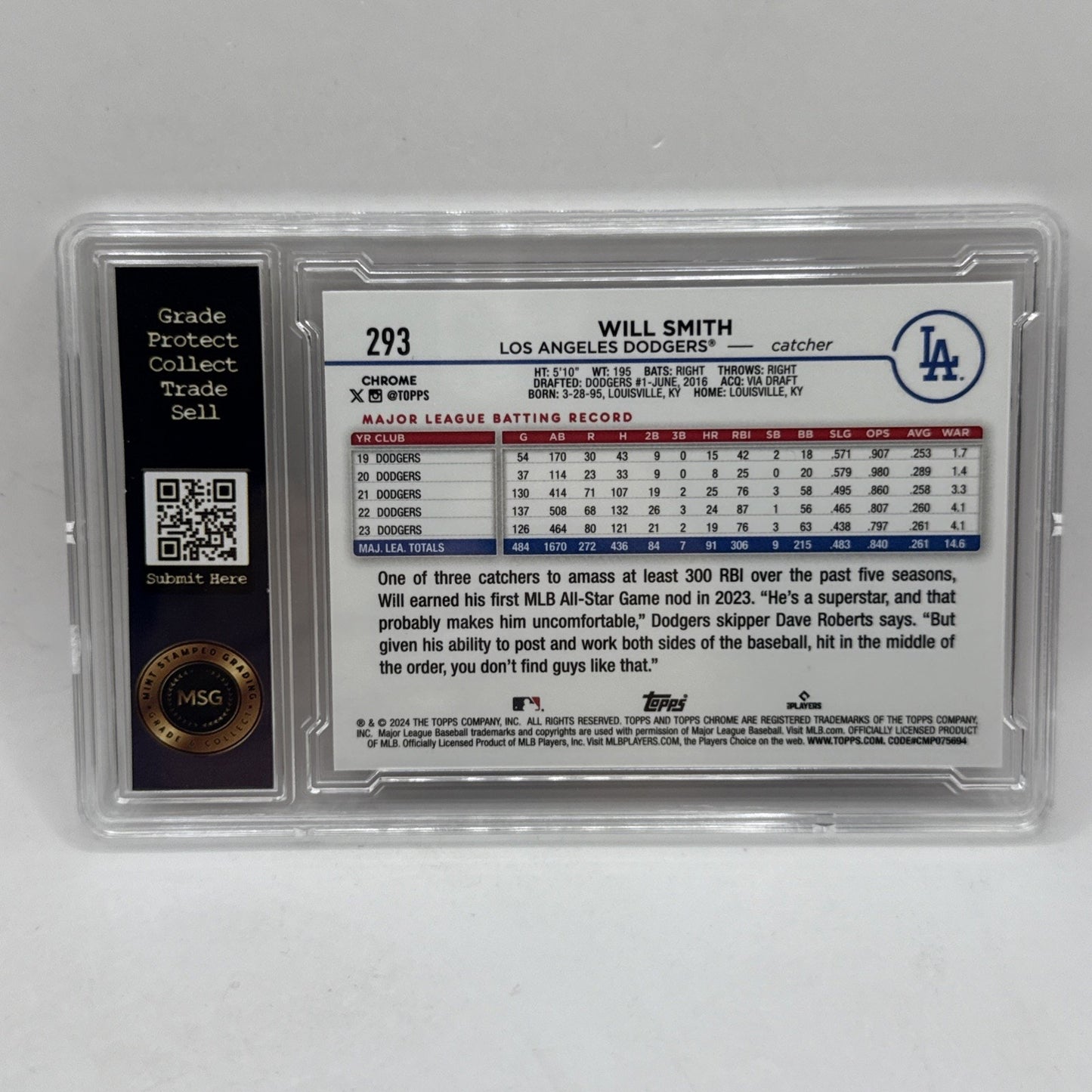 2024 Topps Chrome - Will Smith DODGERS Pink Sparkle #293 SP /350 Graded 9
