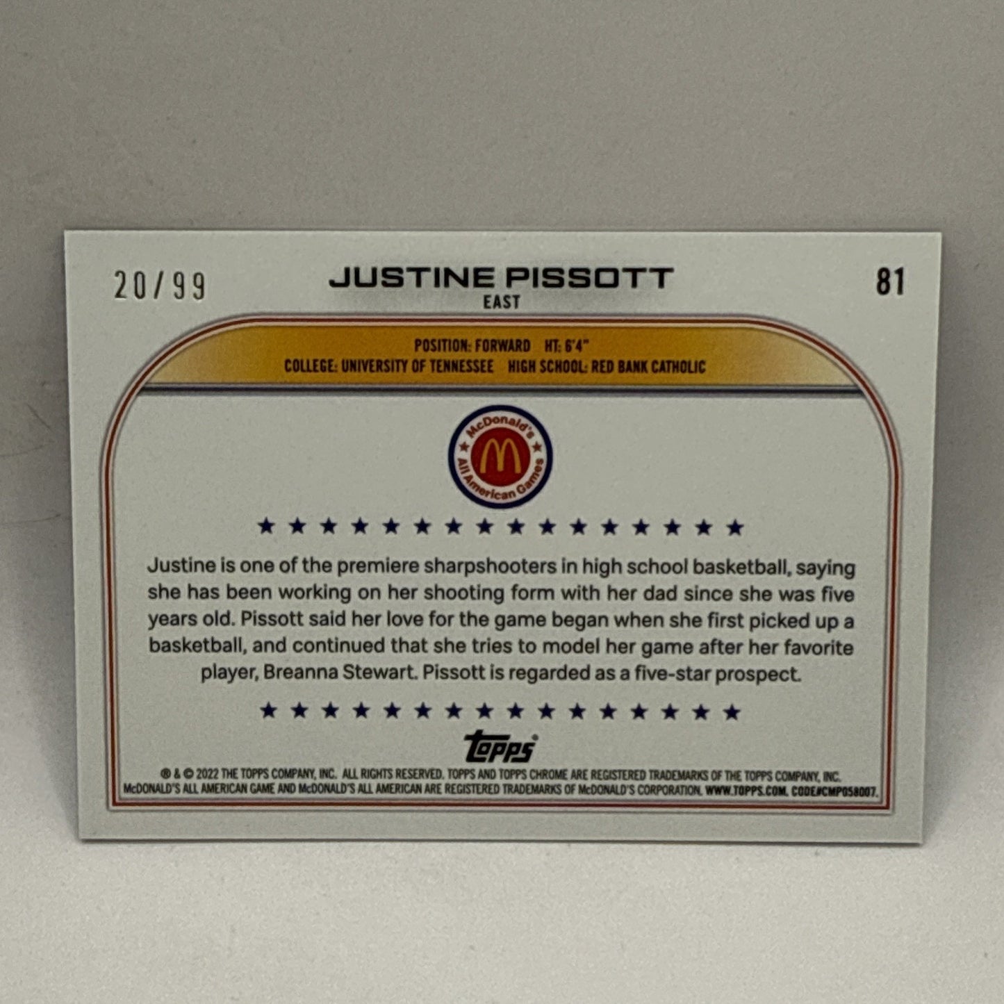 2022 Topps Chrome McDonald's All American Blue Refractor /99 Justine Pissott #81