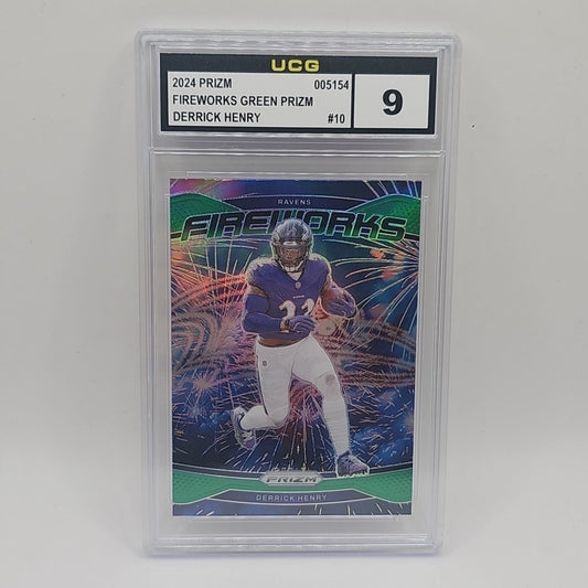 2024 Panini Prizm Derrick Henry Fireworks #10 Green Prizm Graded 9 NFL Ravens