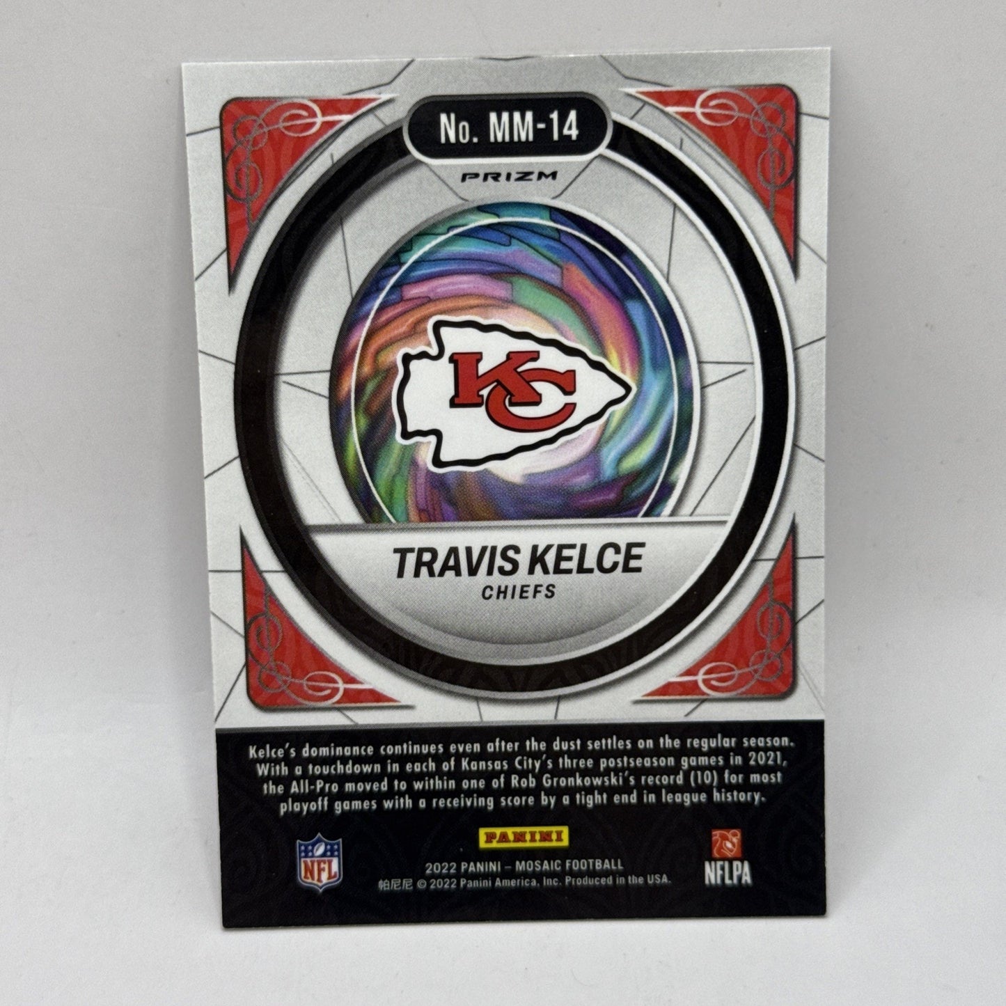 2022 Panini Mosaic #MM-14 Travis Kelce Men of Mastery Silver NFL Card