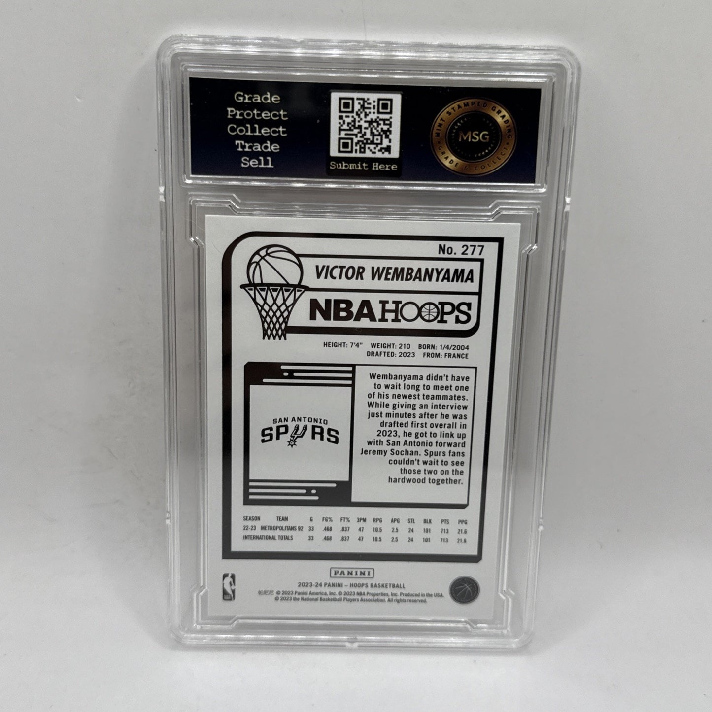Victor Wembanyama 2023 Panini NBA Hoops #277 Rookie Graded 9 Mint NBA