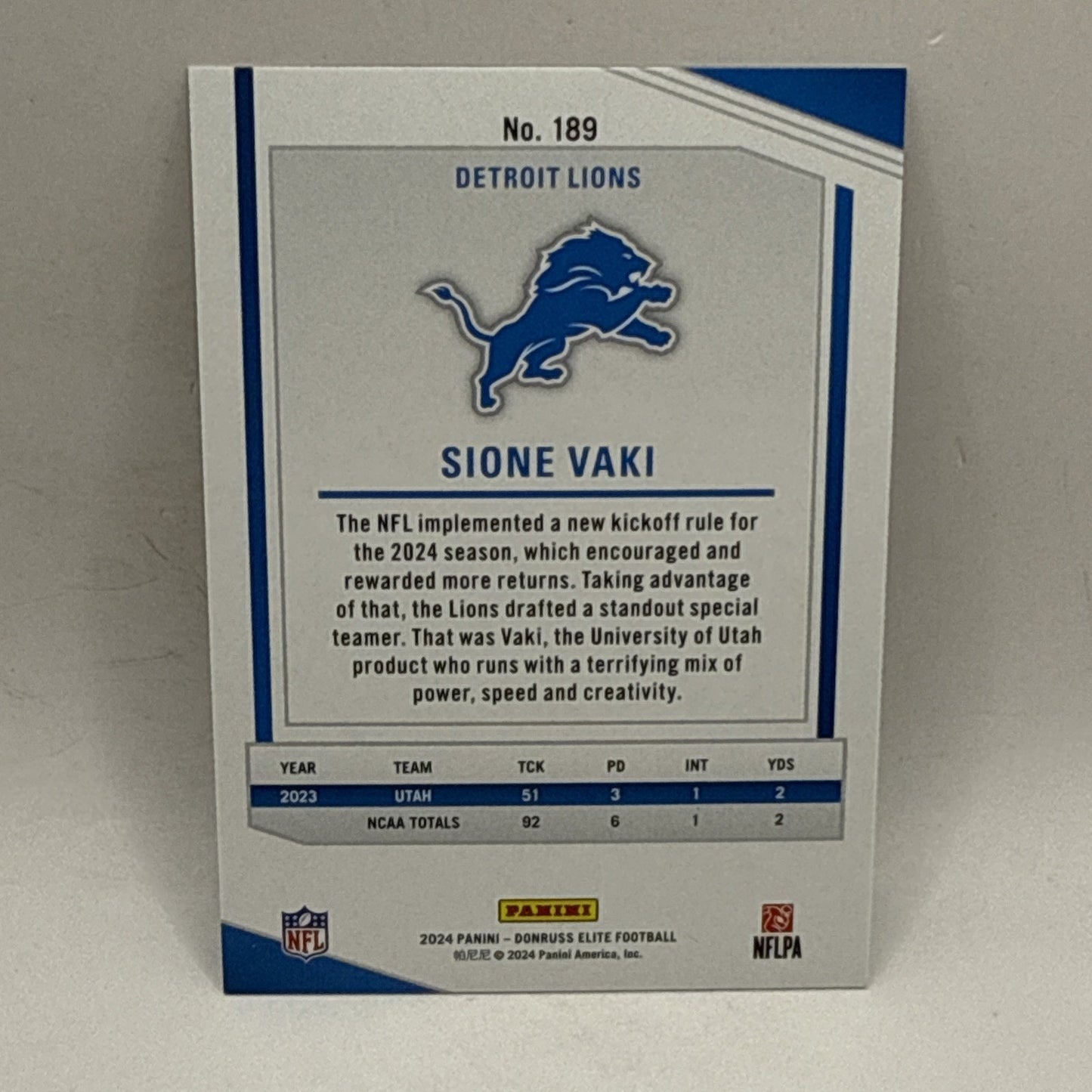 2024 Donruss Elite Sione Vaki Rookie Holo Refractor /999 Lions NFL Card