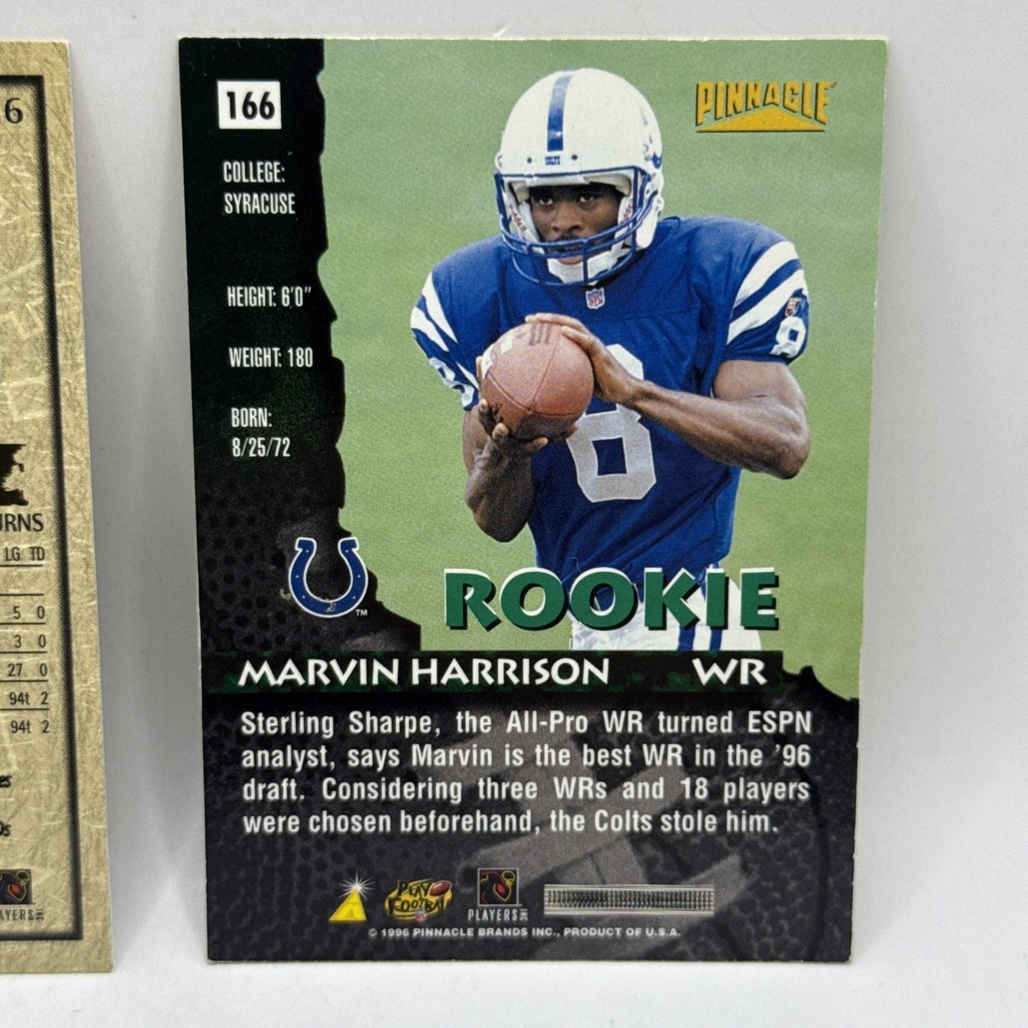 1996 TOPPS FOOTBALL ROOKIE #426 MARVIN HARRISON RC INDIANAPOLIS COLTS 2 CARD