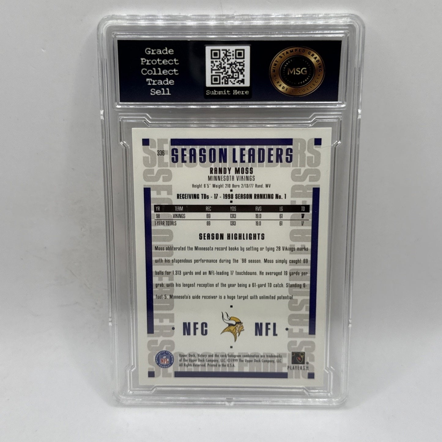 1999 Upper Deck Victory - Season Leaders Randy Moss #336 Graded 10 Gem Mint