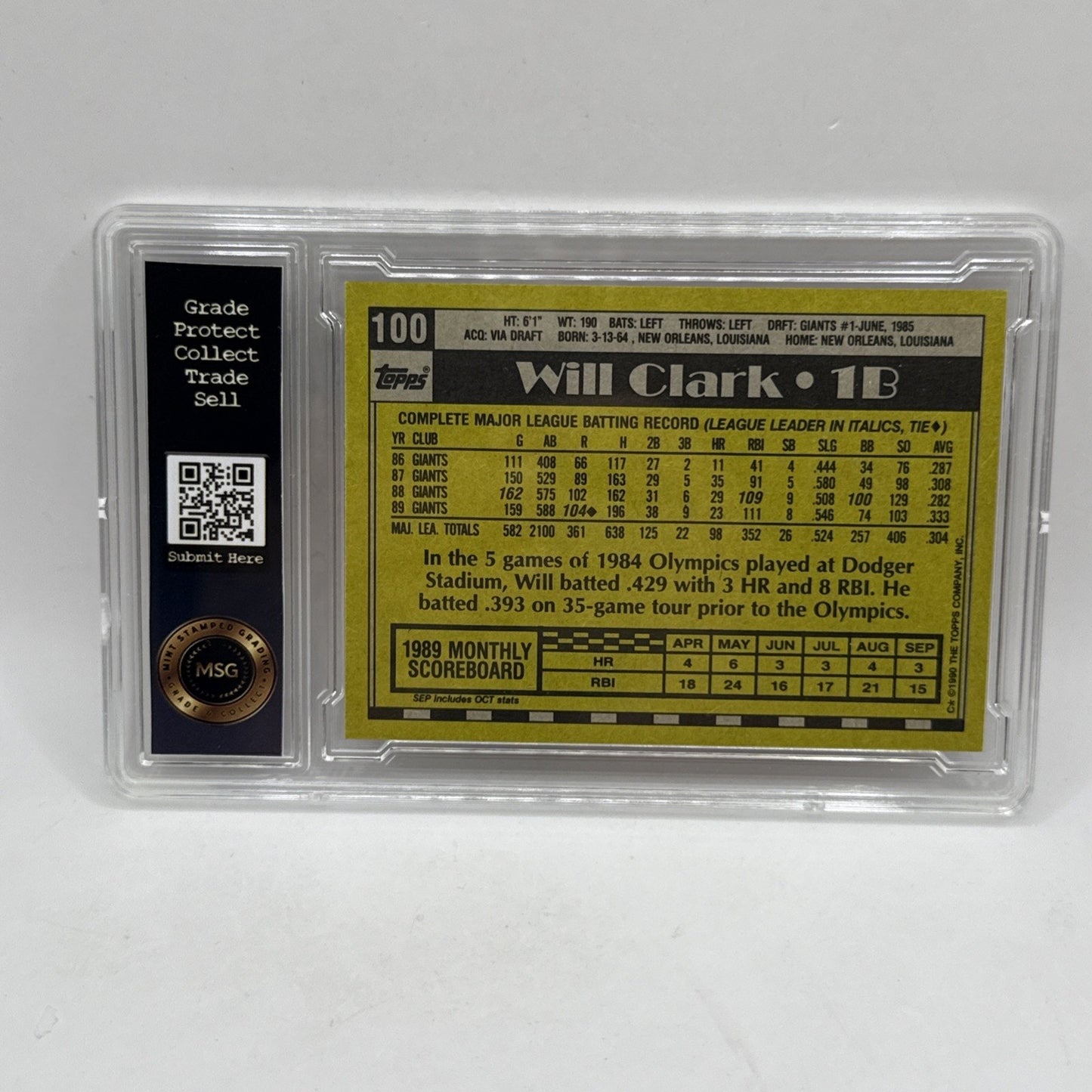 1990 Topps Baseball Card Will Clark #100 Graded 6 MLB Giants Vintage Collectible