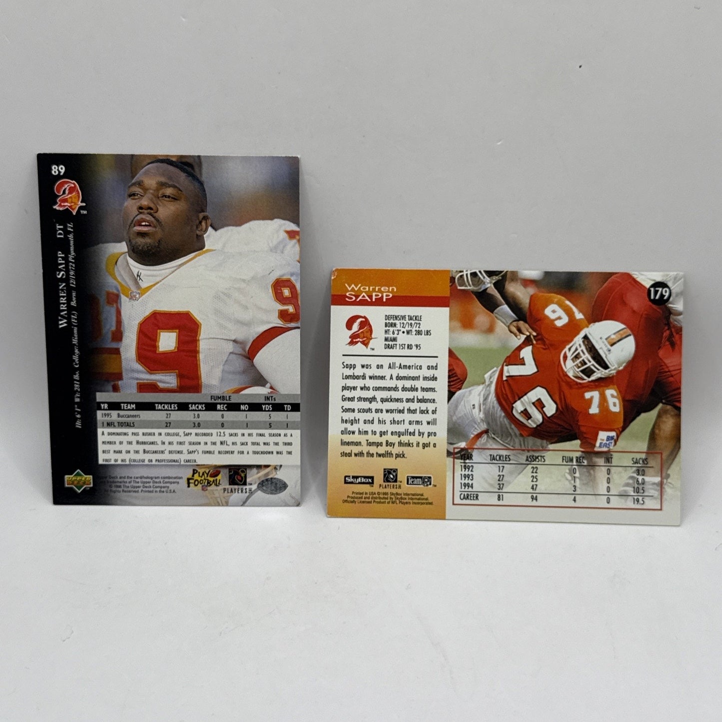 1995 SkyBox Warren Sapp ROOKIE Tampa Bay Buccaneers #179 HOF