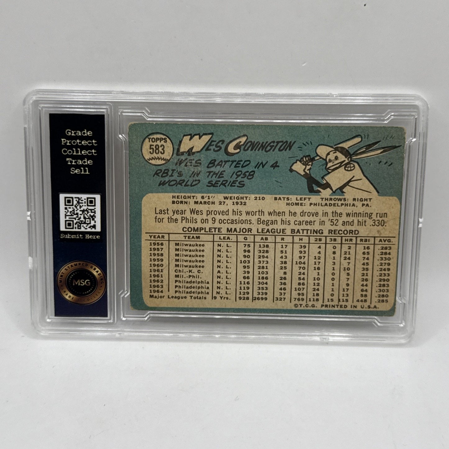 1965 Topps High # Wes Covington #583 Graded 2 Vintage MLB Phillies Card