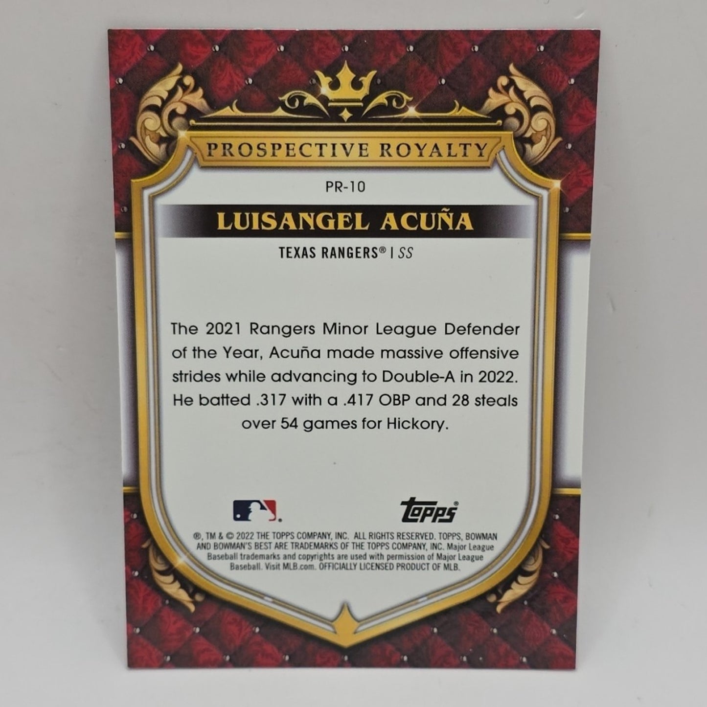 2022 Bowman's Best Luisangel Acuna Prospective Royalty Insert PR-10 Rangers