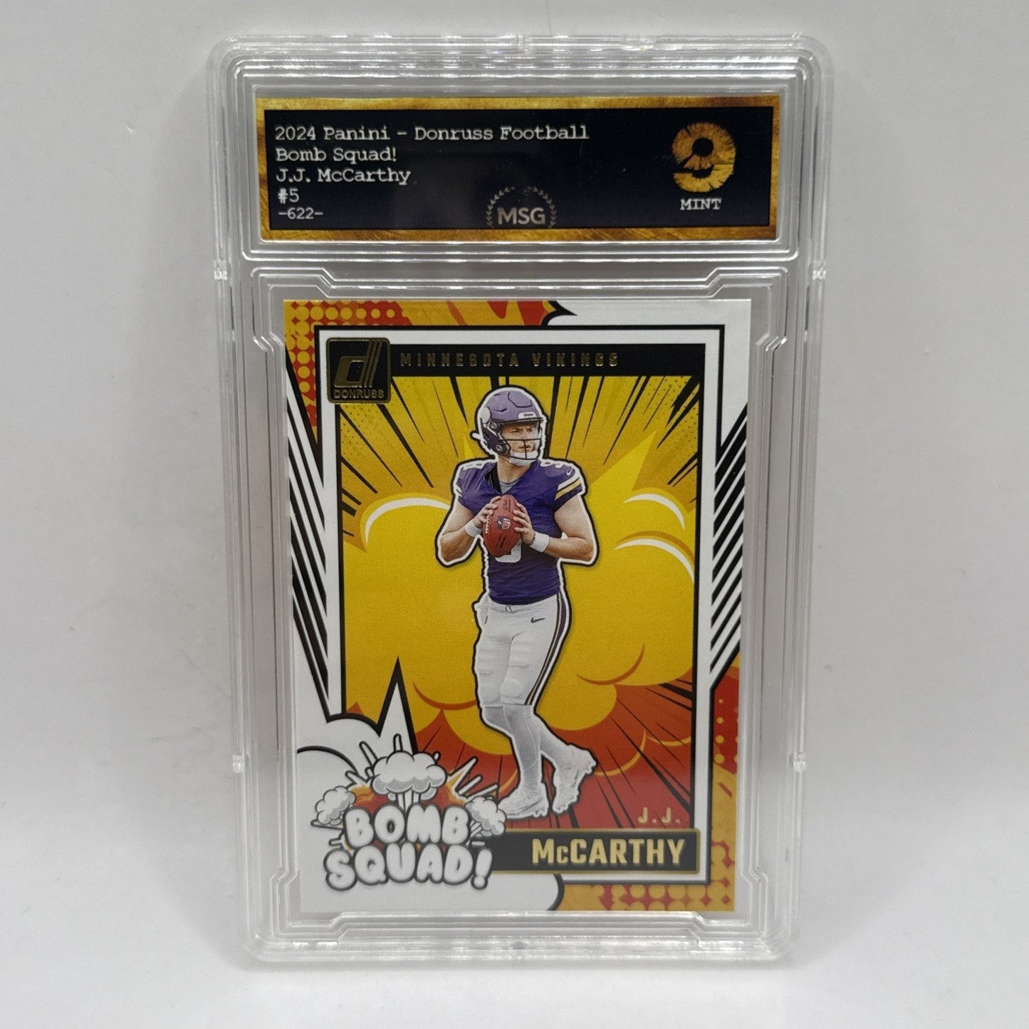 2024 Panini Donruss - Bomb Squad J.J. McCarthy #5 (RC) Graded 9 NFL Vikings