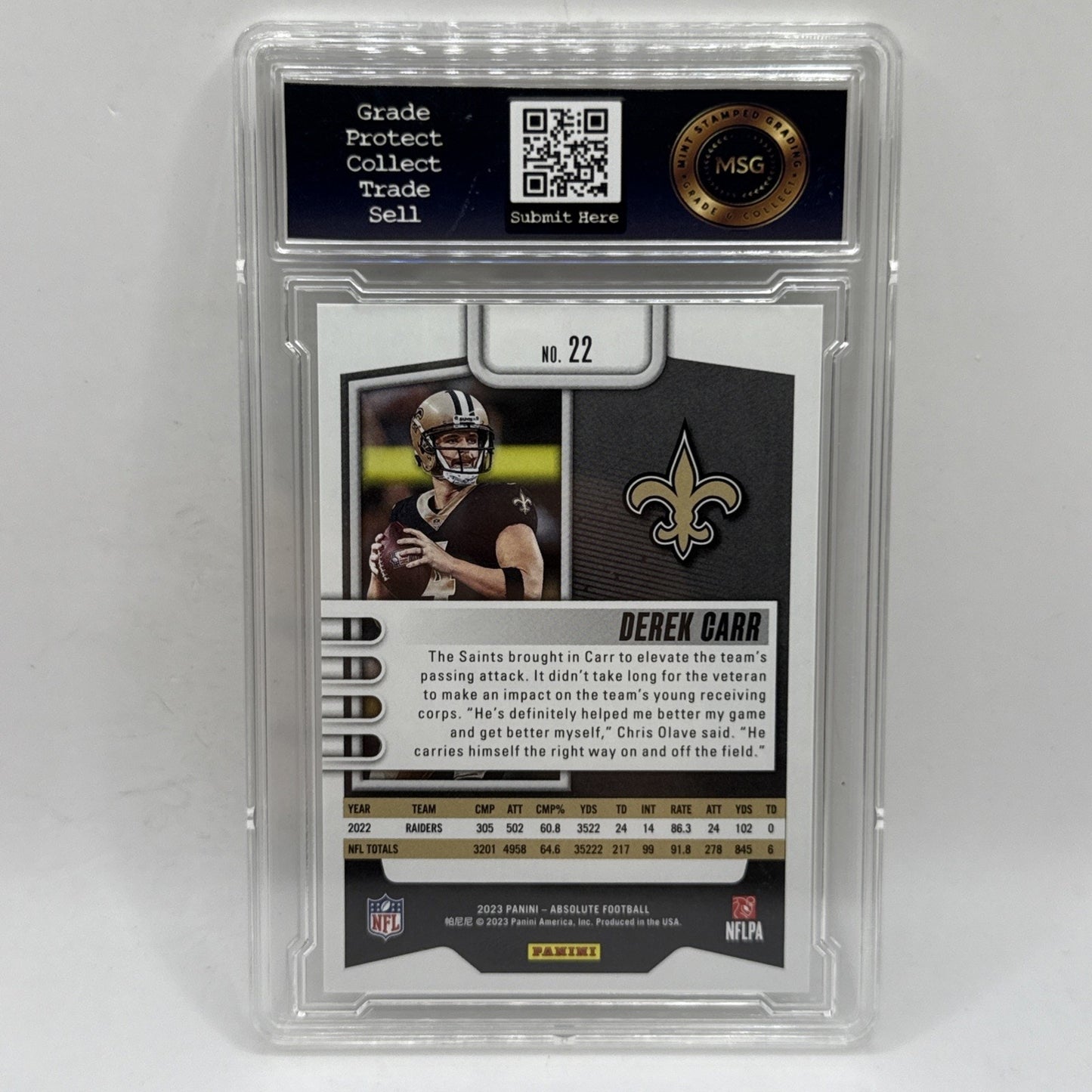 Derek Carr 2023 Panini Absolute #22 Green Swirl /50 Graded 9 NFL Saints
