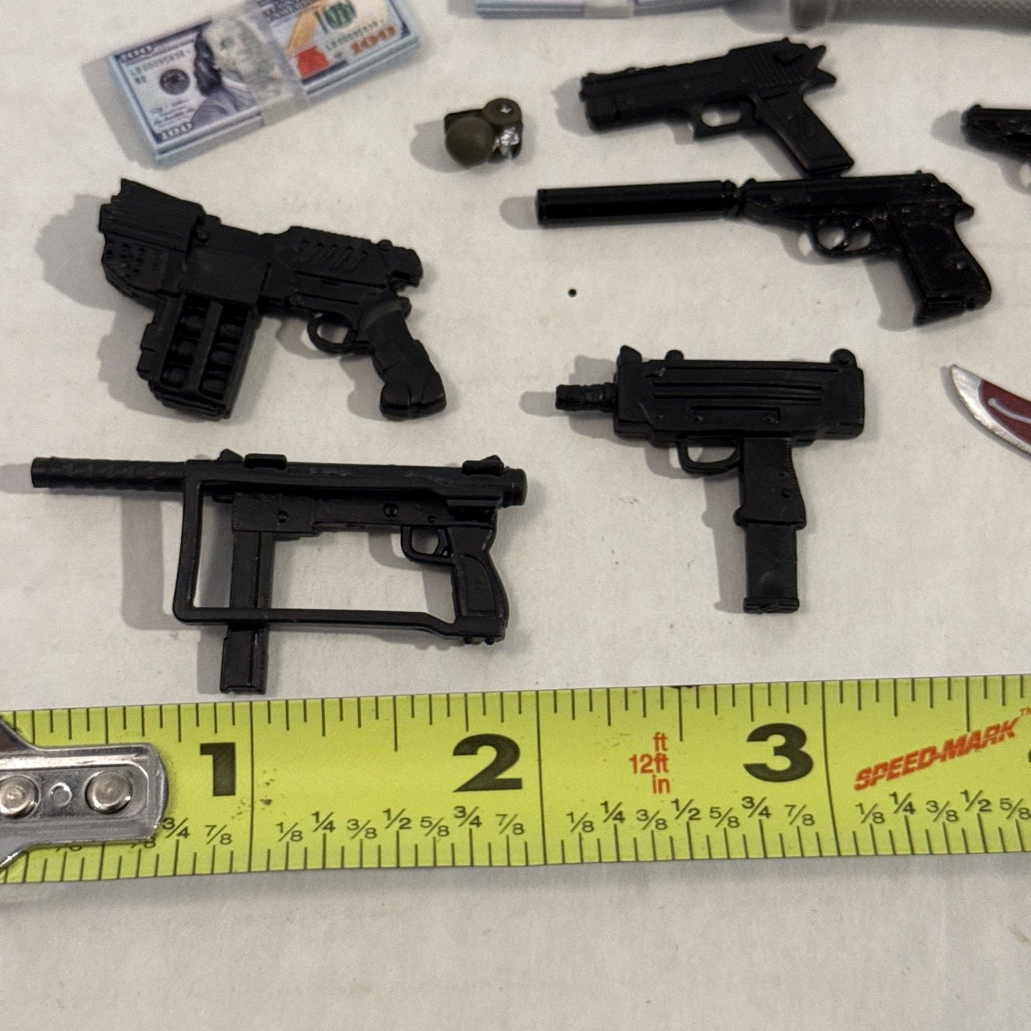 Lot Of Toy Action Figure Weapons, Nun Chucks, Play Money - Play Set Accessories