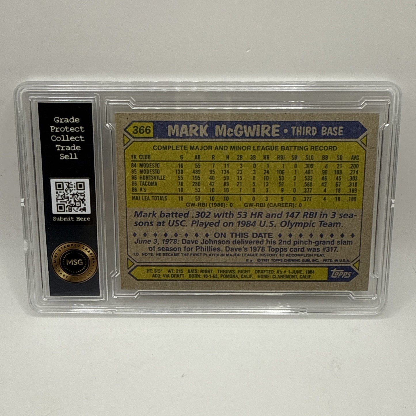 1987 TOPPS #366 MARK MCGWIRE OAKLAND ATHLETICS GRADED 5 VINTAGE MLB CARD