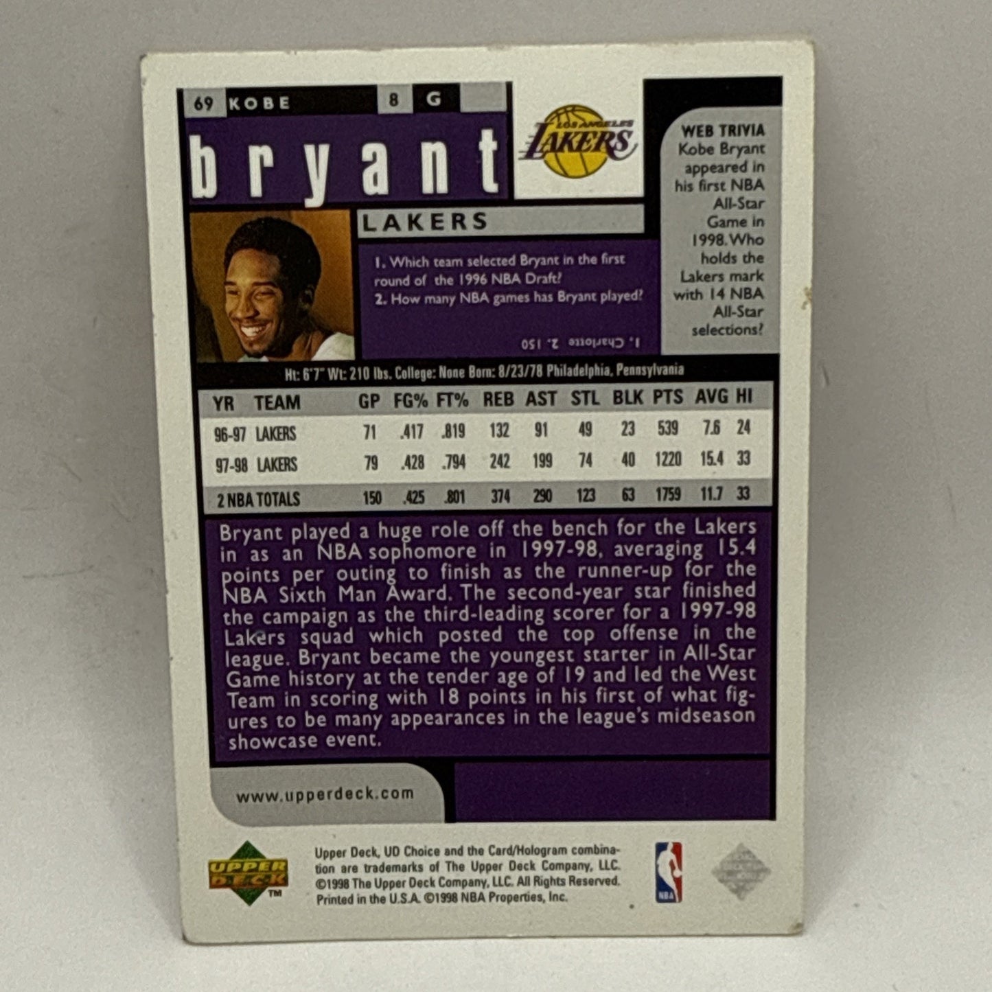 1998-99 Upper Deck UD Choice Preview - #69 Kobe Bryant HP DMG Lakers NBA