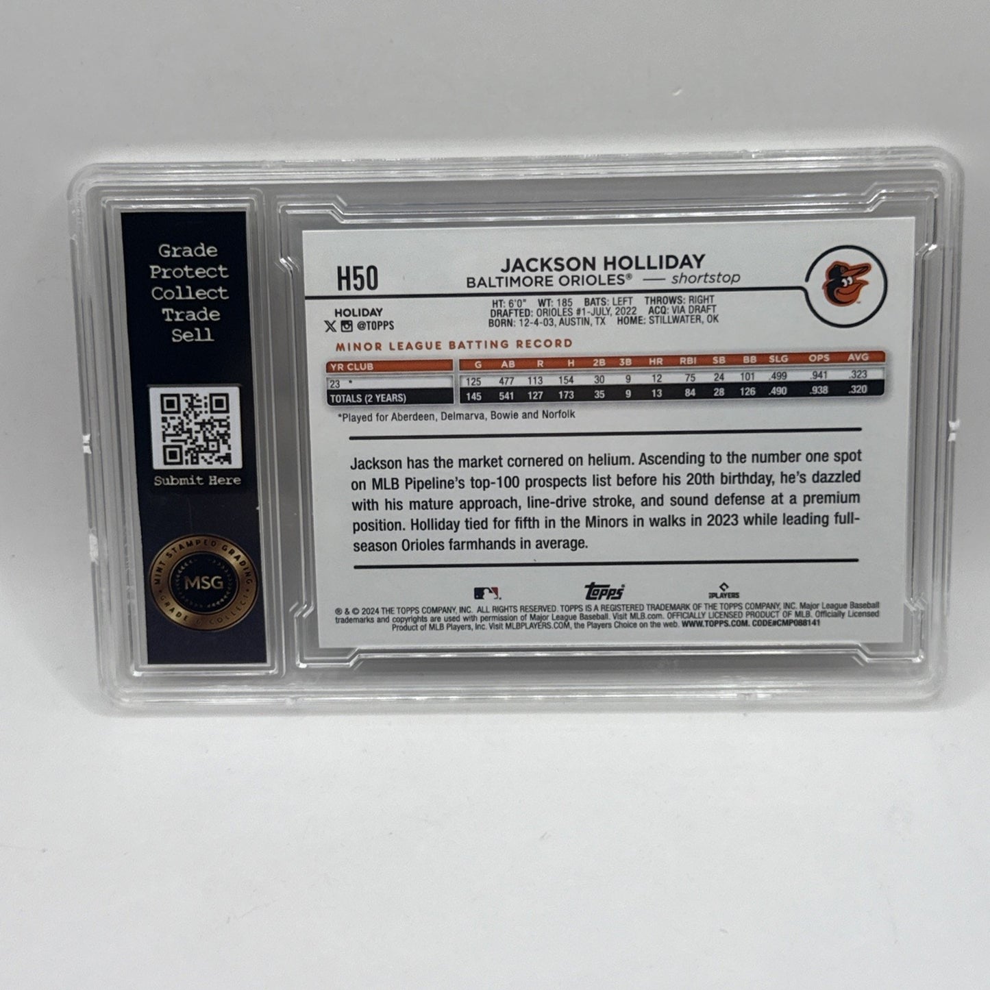 Jackson Holliday 2024 Topps Holiday ROOKIE CARD RC #H50 Graded 9 Mint MLB Card