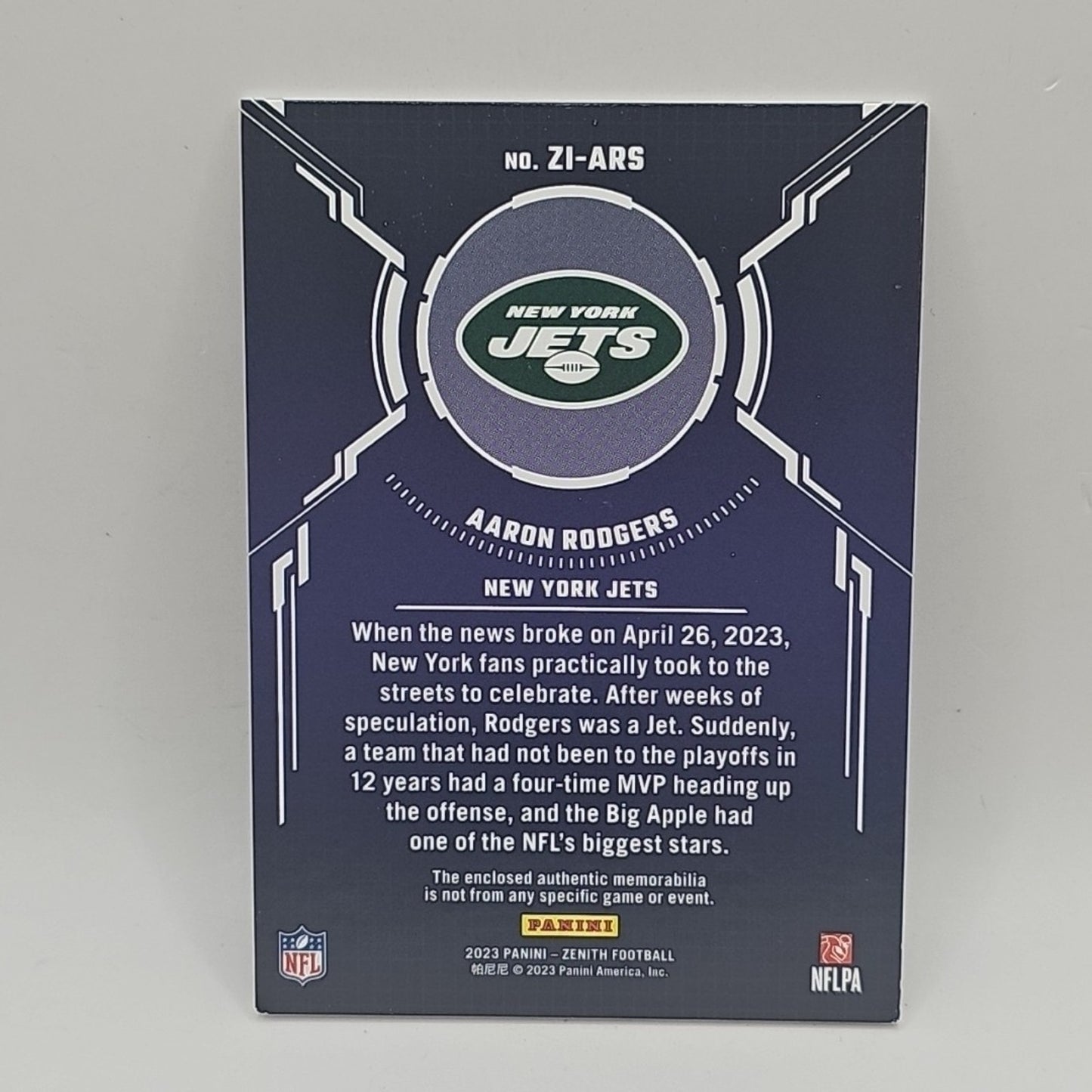 2023 PANINI ZENITH #ZI-ARS ZONED IN AARON RODGERS PATCH NY JETS
