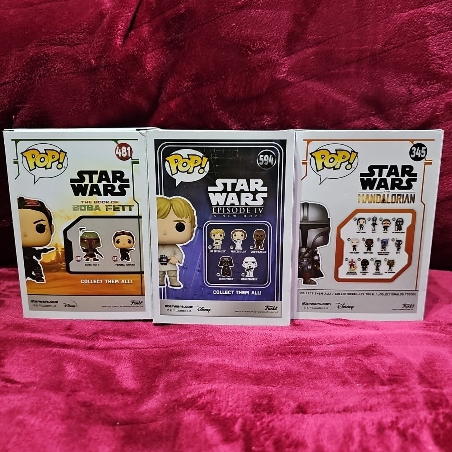 (3) Funko Pops Star Wars Luke Skywalker. Fennec Shand & The Mandalorian Lot