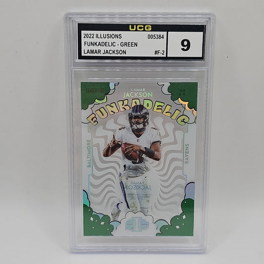 2022 Panini Illusions GREEN FUNKADELIC #F-2 LAMAR JACKSON BALTIMORE Graded 9