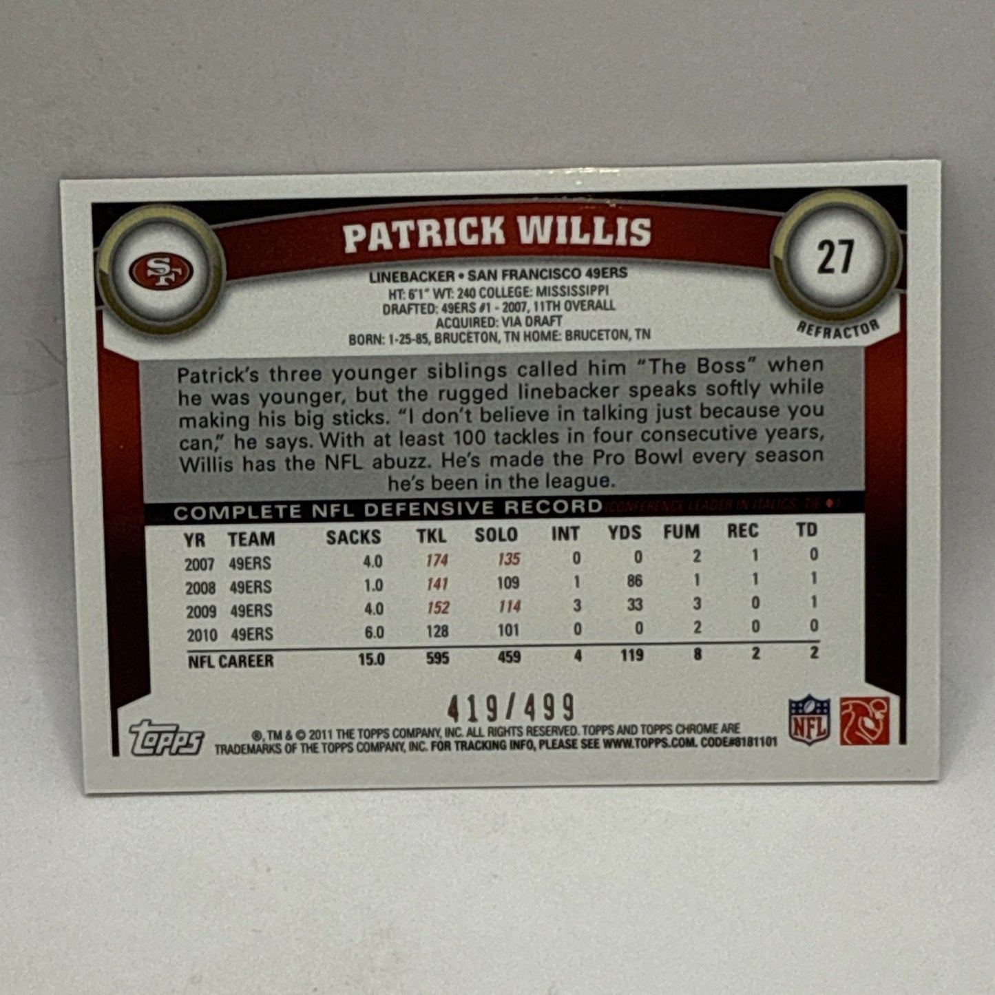 2011 Topps Chrome #27 Patrick Willis Purple Refractors #/499 San Francisco 49ers