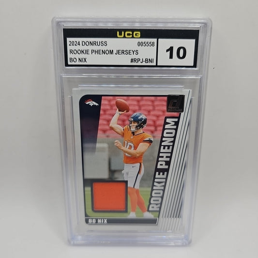 2024 Donruss Rookie Phenom Jerseys #12 Bo Nix RC JERSEY Graded 10 GEM MINT