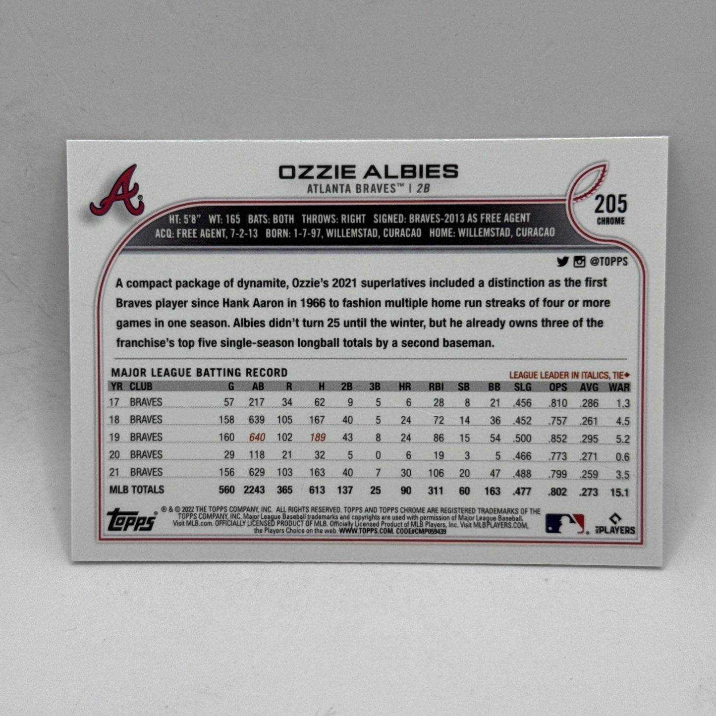 2022 Topps Chrome Sonic Ozzie Albies #205 Black And White RayWave Refractor MLB