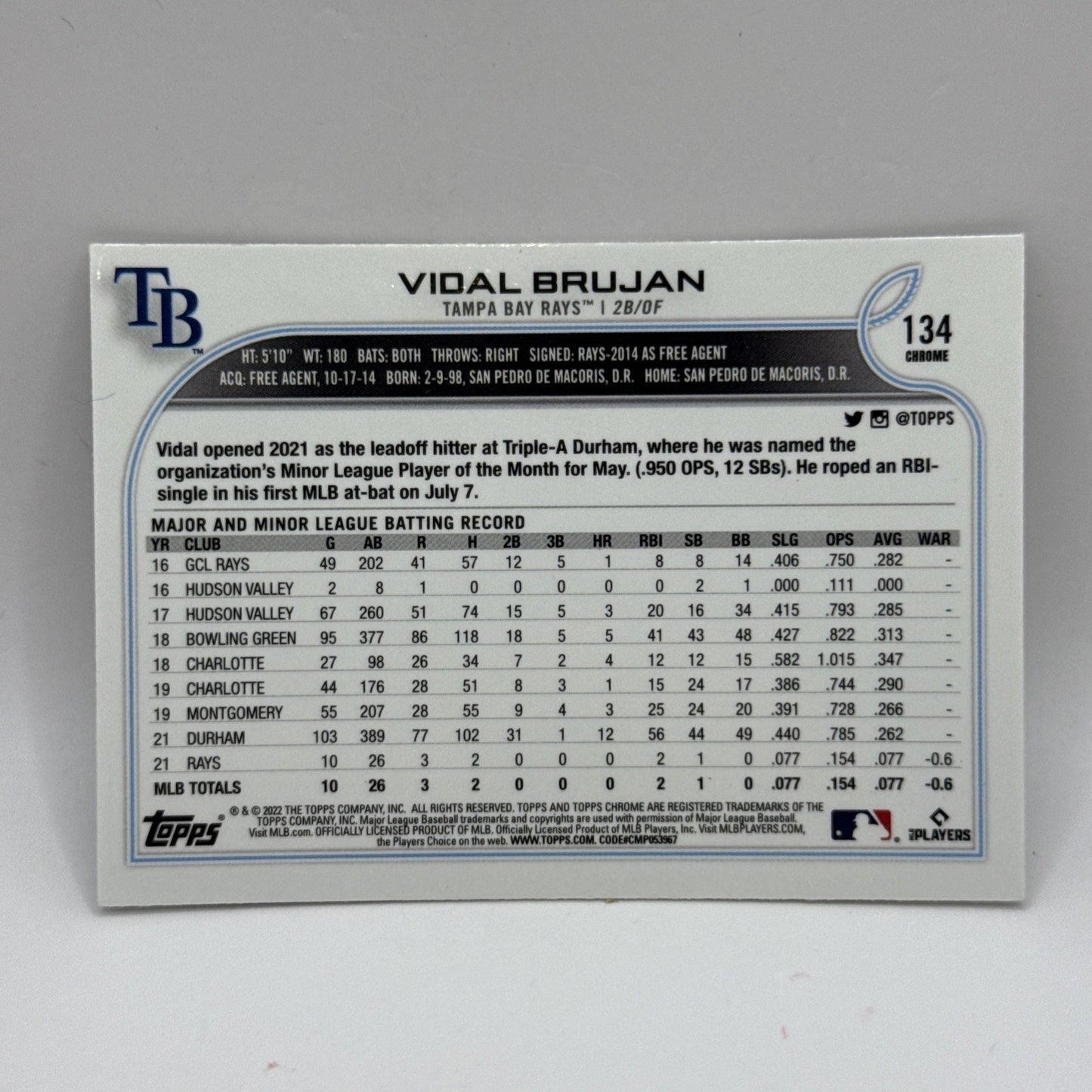 2022 Topps Chrome Negative Refractor Vidal Brujan Rookie RC #134 Rays